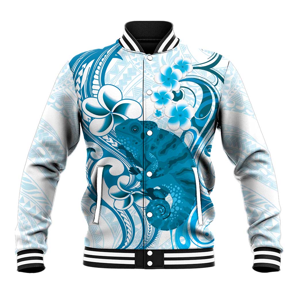 Cyan And White Hawaii Chameleon Baseball Jacket Plumeria Polynesian Tribal Art