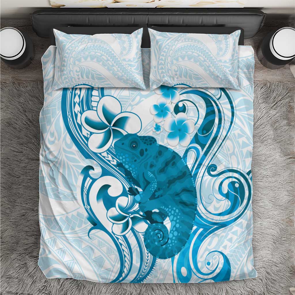 Cyan And White Hawaii Chameleon Bedding Set Plumeria Polynesian Tribal Art