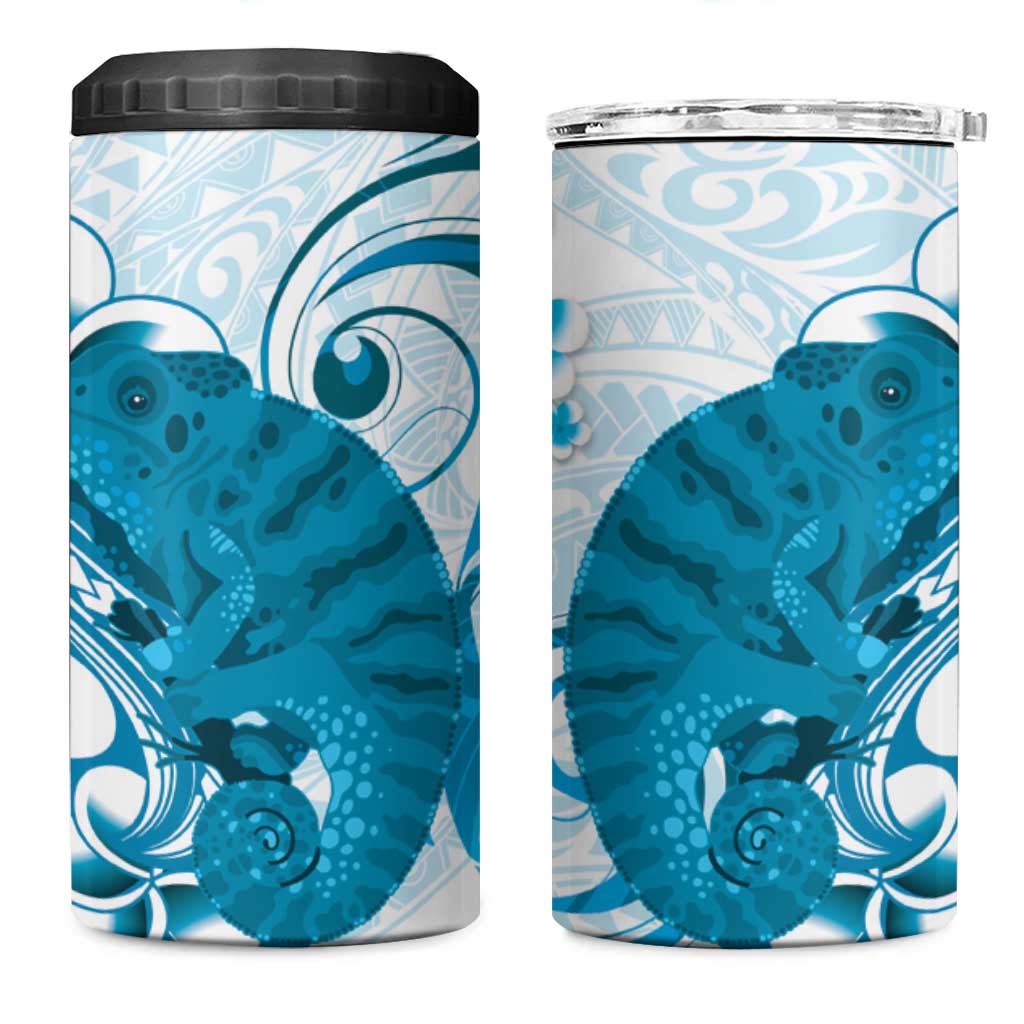 Cyan And White Hawaii Chameleon 4 in 1 Can Cooler Tumbler Plumeria Polynesian Tribal Art