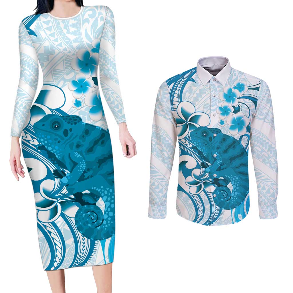 Cyan And White Hawaii Chameleon Couples Matching Long Sleeve Bodycon Dress and Long Sleeve Button Shirt Plumeria Polynesian Tribal Art