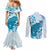 Cyan And White Hawaii Chameleon Couples Matching Mermaid Dress and Long Sleeve Button Shirt Plumeria Polynesian Tribal Art