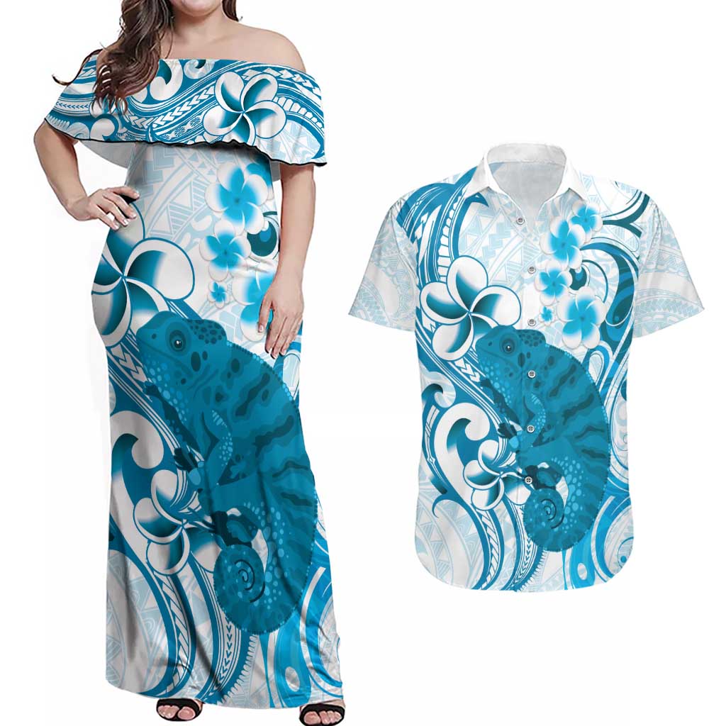 Cyan And White Hawaii Chameleon Couples Matching Off Shoulder Maxi Dress and Hawaiian Shirt Plumeria Polynesian Tribal Art