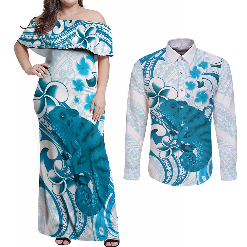 Cyan And White Hawaii Chameleon Couples Matching Off Shoulder Maxi Dress and Long Sleeve Button Shirt Plumeria Polynesian Tribal Art