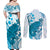 Cyan And White Hawaii Chameleon Couples Matching Off Shoulder Maxi Dress and Long Sleeve Button Shirt Plumeria Polynesian Tribal Art