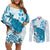 Cyan And White Hawaii Chameleon Couples Matching Off Shoulder Short Dress and Long Sleeve Button Shirt Plumeria Polynesian Tribal Art