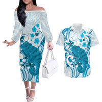 Cyan And White Hawaii Chameleon Couples Matching Off The Shoulder Long Sleeve Dress and Hawaiian Shirt Plumeria Polynesian Tribal Art LT14 Cyan - Polynesian Pride