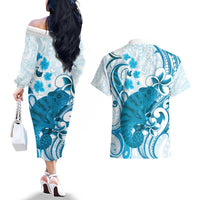 Cyan And White Hawaii Chameleon Couples Matching Off The Shoulder Long Sleeve Dress and Hawaiian Shirt Plumeria Polynesian Tribal Art LT14 - Polynesian Pride