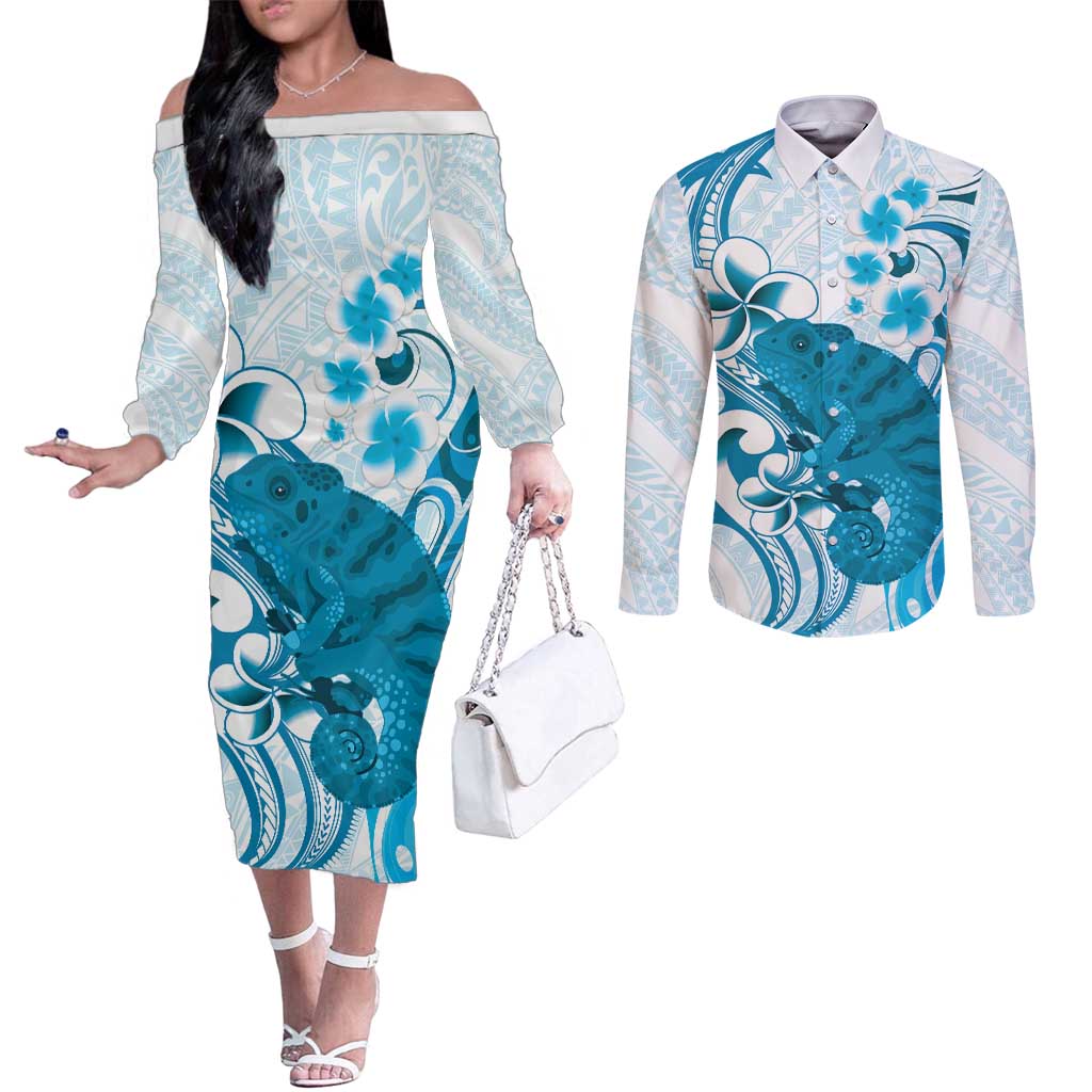 Cyan And White Hawaii Chameleon Couples Matching Off The Shoulder Long Sleeve Dress and Long Sleeve Button Shirt Plumeria Polynesian Tribal Art LT14 Cyan - Polynesian Pride
