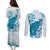 Cyan And White Hawaii Chameleon Couples Matching Puletasi and Long Sleeve Button Shirt Plumeria Polynesian Tribal Art