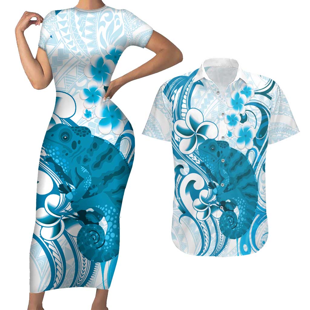 Cyan And White Hawaii Chameleon Couples Matching Short Sleeve Bodycon Dress and Hawaiian Shirt Plumeria Polynesian Tribal Art