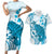 Cyan And White Hawaii Chameleon Couples Matching Short Sleeve Bodycon Dress and Hawaiian Shirt Plumeria Polynesian Tribal Art