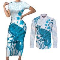 Cyan And White Hawaii Chameleon Couples Matching Short Sleeve Bodycon Dress and Long Sleeve Button Shirt Plumeria Polynesian Tribal Art LT14 Cyan - Polynesian Pride