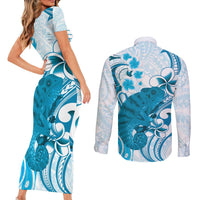 Cyan And White Hawaii Chameleon Couples Matching Short Sleeve Bodycon Dress and Long Sleeve Button Shirt Plumeria Polynesian Tribal Art LT14 - Polynesian Pride