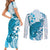 Cyan And White Hawaii Chameleon Couples Matching Short Sleeve Bodycon Dress and Long Sleeve Button Shirt Plumeria Polynesian Tribal Art