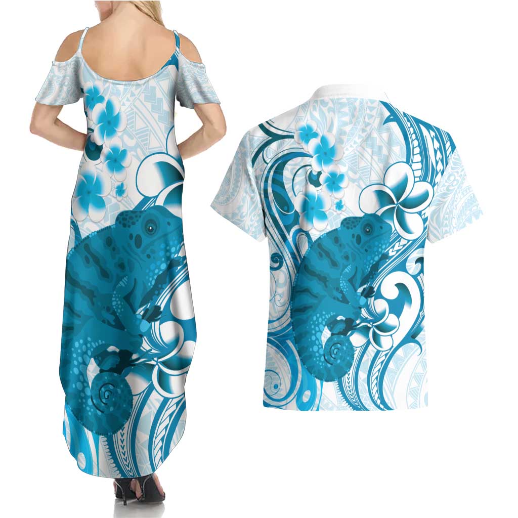 Cyan And White Hawaii Chameleon Couples Matching Summer Maxi Dress and Hawaiian Shirt Plumeria Polynesian Tribal Art LT14 - Polynesian Pride