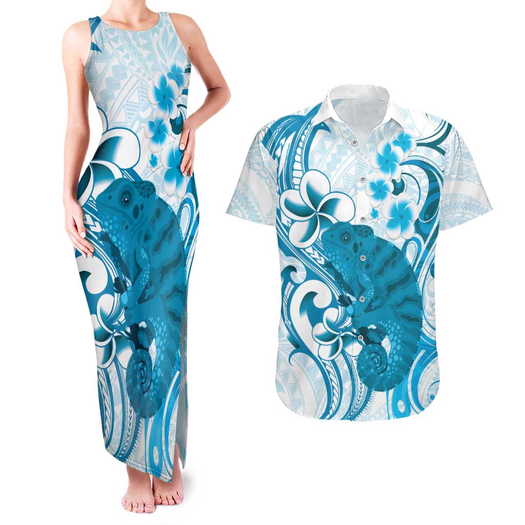 Cyan And White Hawaii Chameleon Couples Matching Tank Maxi Dress and Hawaiian Shirt Plumeria Polynesian Tribal Art LT14 Cyan - Polynesian Pride