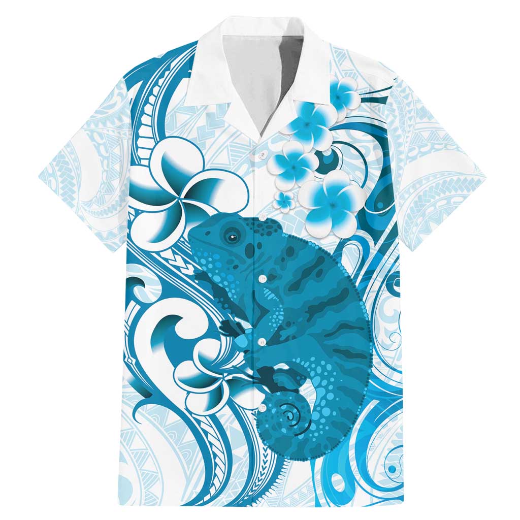 Cyan And White Hawaii Chameleon Family Matching Mermaid Dress and Hawaiian Shirt Plumeria Polynesian Tribal Art LT14 Dad's Shirt - Short Sleeve Cyan - Polynesian Pride