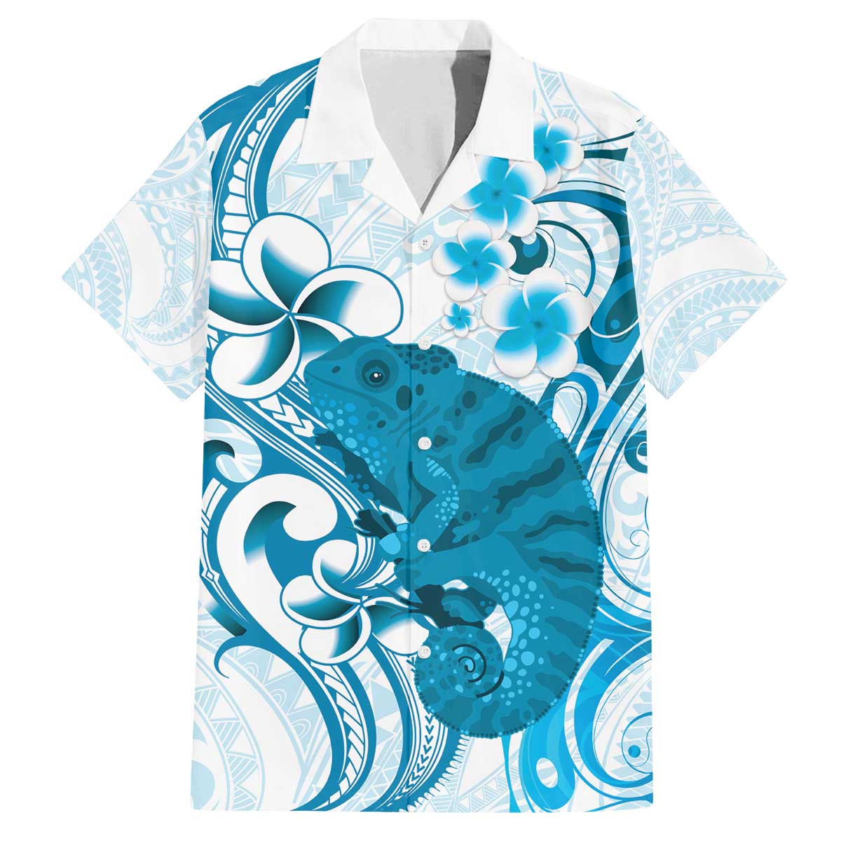 Cyan And White Hawaii Chameleon Family Matching Off The Shoulder Long Sleeve Dress and Hawaiian Shirt Plumeria Polynesian Tribal Art