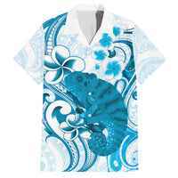 Cyan And White Hawaii Chameleon Family Matching Off The Shoulder Long Sleeve Dress and Hawaiian Shirt Plumeria Polynesian Tribal Art