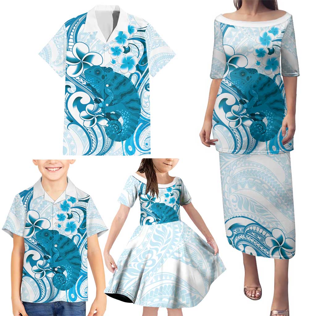 Cyan And White Hawaii Chameleon Family Matching Puletasi and Hawaiian Shirt Plumeria Polynesian Tribal Art LT14 - Polynesian Pride