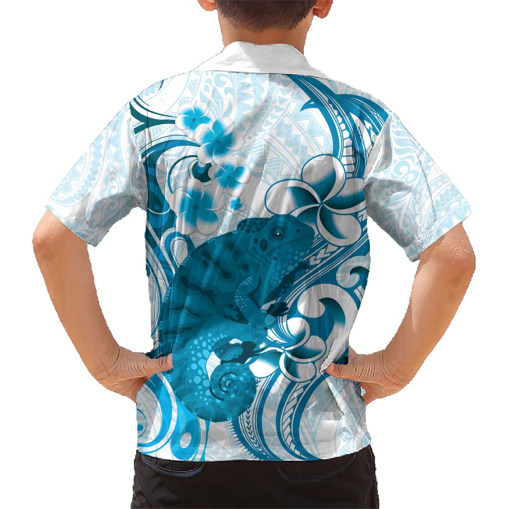 Cyan And White Hawaii Chameleon Family Matching Short Sleeve Bodycon Dress and Hawaiian Shirt Plumeria Polynesian Tribal Art LT14 - Polynesian Pride