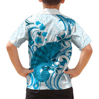 Cyan And White Hawaii Chameleon Family Matching Short Sleeve Bodycon Dress and Hawaiian Shirt Plumeria Polynesian Tribal Art LT14 - Polynesian Pride