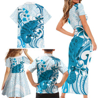 Cyan And White Hawaii Chameleon Family Matching Short Sleeve Bodycon Dress and Hawaiian Shirt Plumeria Polynesian Tribal Art LT14 - Polynesian Pride