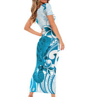 Cyan And White Hawaii Chameleon Family Matching Short Sleeve Bodycon Dress and Hawaiian Shirt Plumeria Polynesian Tribal Art LT14 - Polynesian Pride