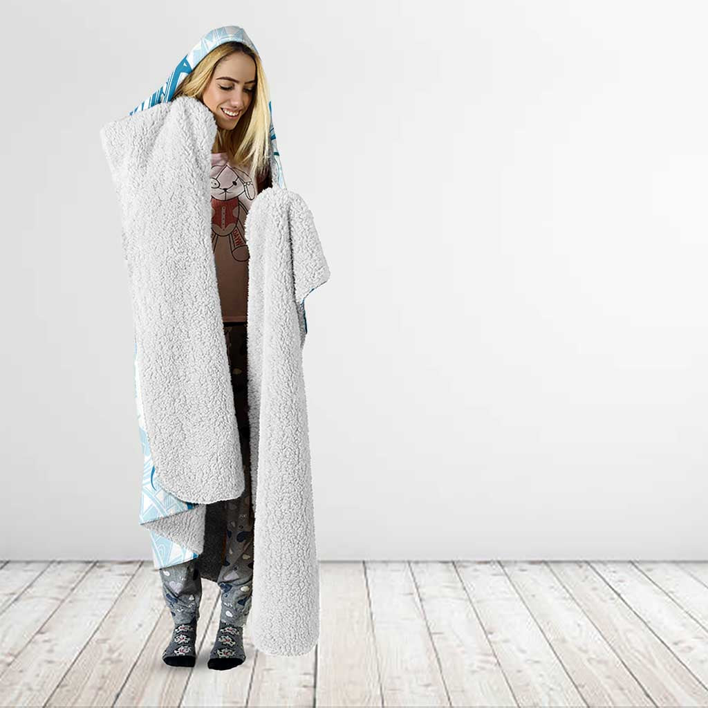 Cyan And White Hawaii Chameleon Hooded Blanket Plumeria Polynesian Tribal Art