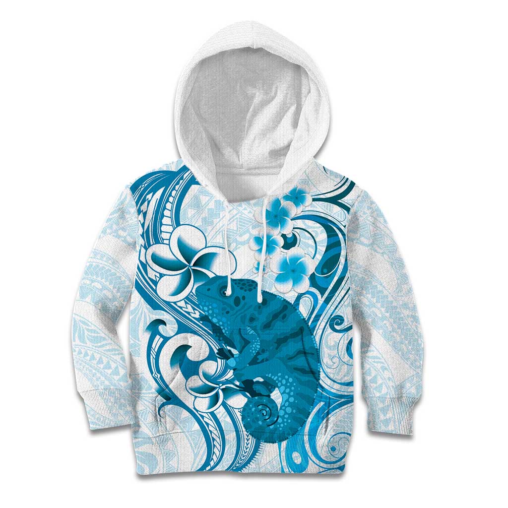 Cyan And White Hawaii Chameleon Kid Hoodie Plumeria Polynesian Tribal Art