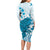 Cyan And White Hawaii Chameleon Long Sleeve Bodycon Dress Plumeria Polynesian Tribal Art