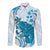 Cyan And White Hawaii Chameleon Long Sleeve Button Shirt Plumeria Polynesian Tribal Art