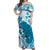 Cyan And White Hawaii Chameleon Off Shoulder Maxi Dress Plumeria Polynesian Tribal Art