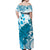 Cyan And White Hawaii Chameleon Off Shoulder Maxi Dress Plumeria Polynesian Tribal Art