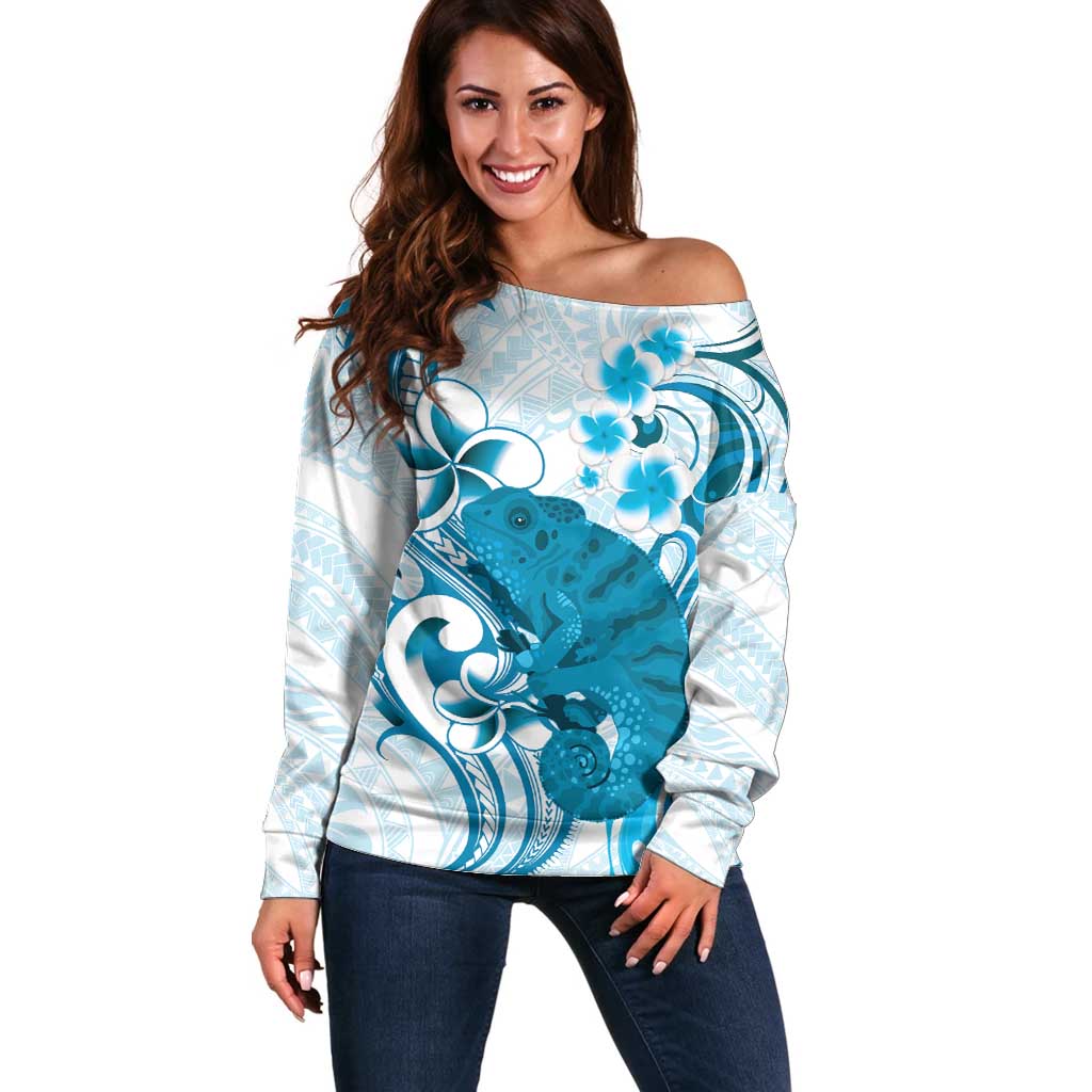 Cyan And White Hawaii Chameleon Off Shoulder Sweater Plumeria Polynesian Tribal Art