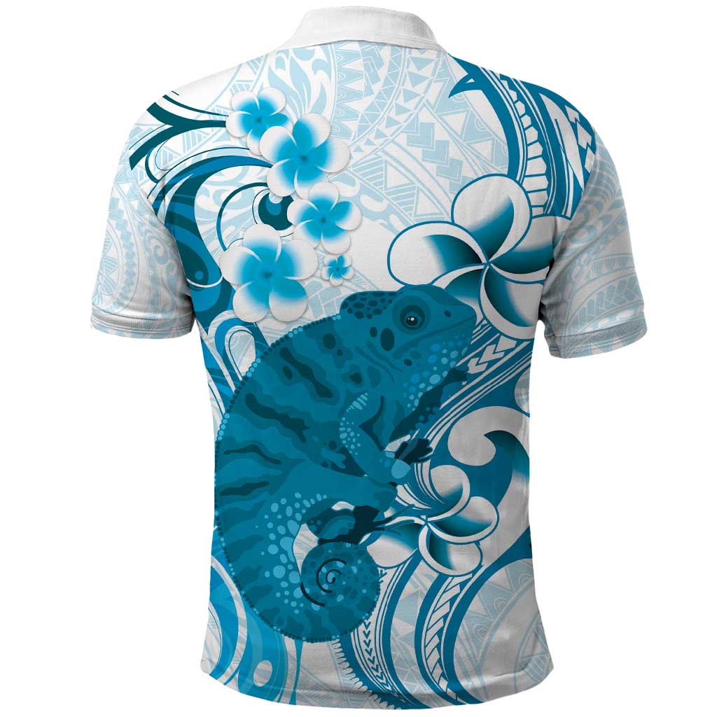 Cyan And White Hawaii Chameleon Polo Shirt Plumeria Polynesian Tribal Art