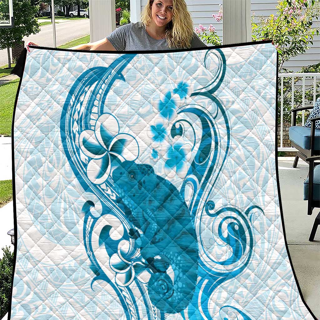 Cyan And White Hawaii Chameleon Quilt Plumeria Polynesian Tribal Art