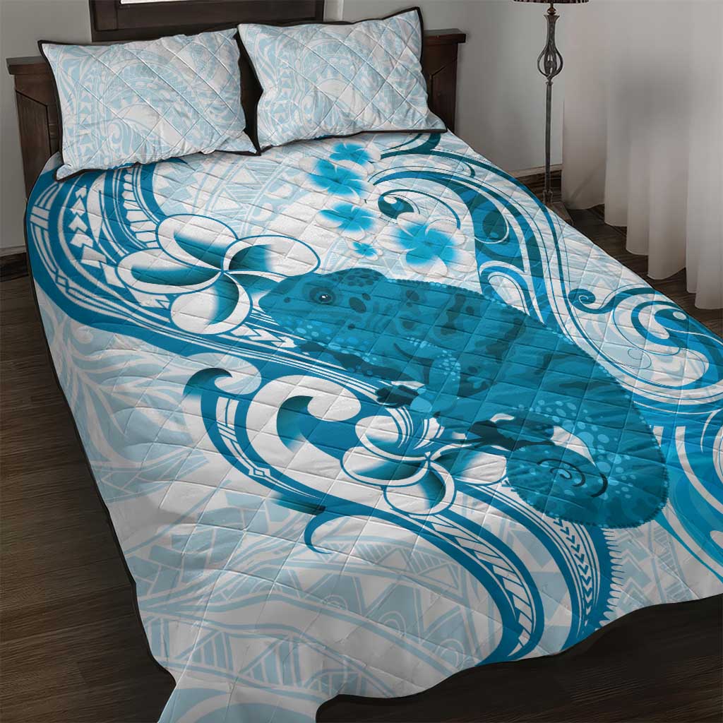 Cyan And White Hawaii Chameleon Quilt Bed Set Plumeria Polynesian Tribal Art