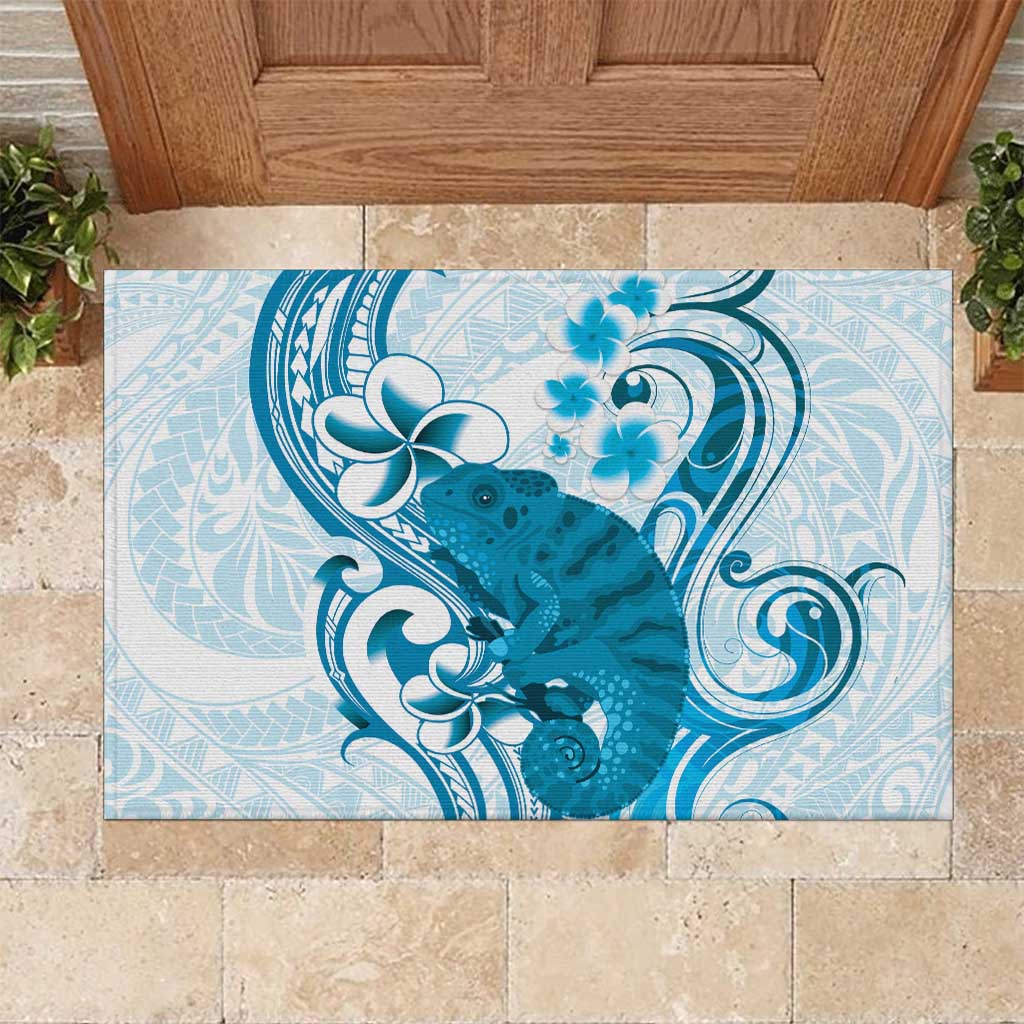 Cyan And White Hawaii Chameleon Rubber Doormat Plumeria Polynesian Tribal Art