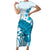 Cyan And White Hawaii Chameleon Short Sleeve Bodycon Dress Plumeria Polynesian Tribal Art