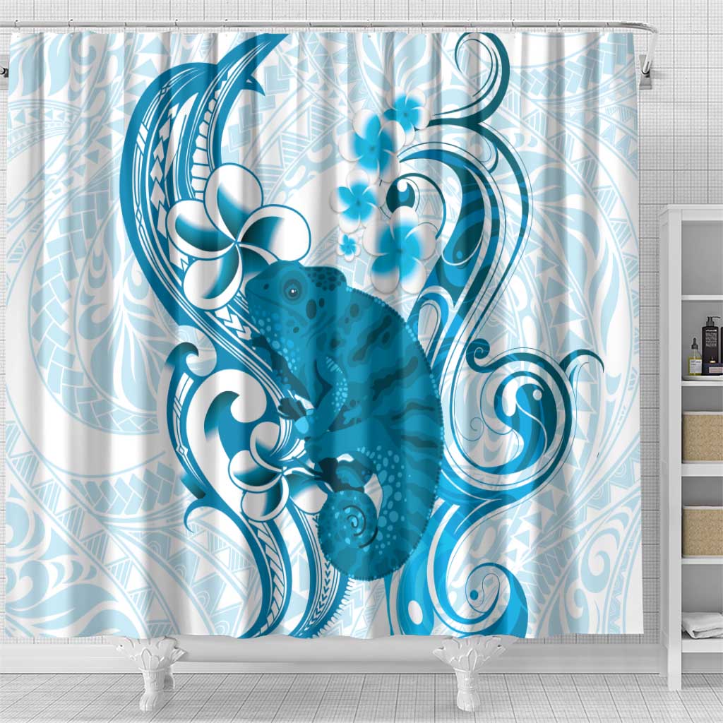 Cyan And White Hawaii Chameleon Shower Curtain Plumeria Polynesian Tribal Art