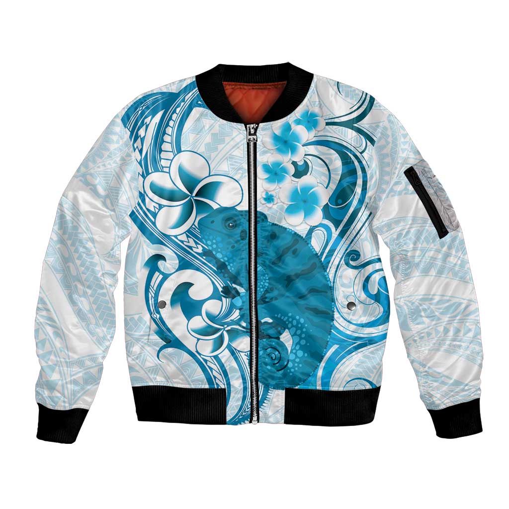 Cyan And White Hawaii Chameleon Sleeve Zip Bomber Jacket Plumeria Polynesian Tribal Art