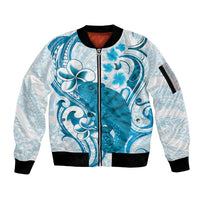 Cyan And White Hawaii Chameleon Sleeve Zip Bomber Jacket Plumeria Polynesian Tribal Art LT14 Unisex Cyan - Polynesian Pride