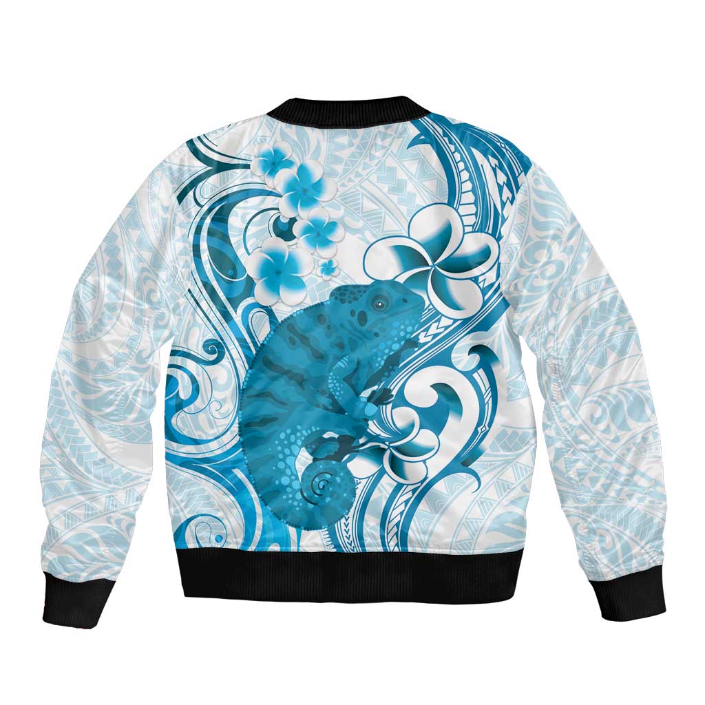 Cyan And White Hawaii Chameleon Sleeve Zip Bomber Jacket Plumeria Polynesian Tribal Art LT14 - Polynesian Pride