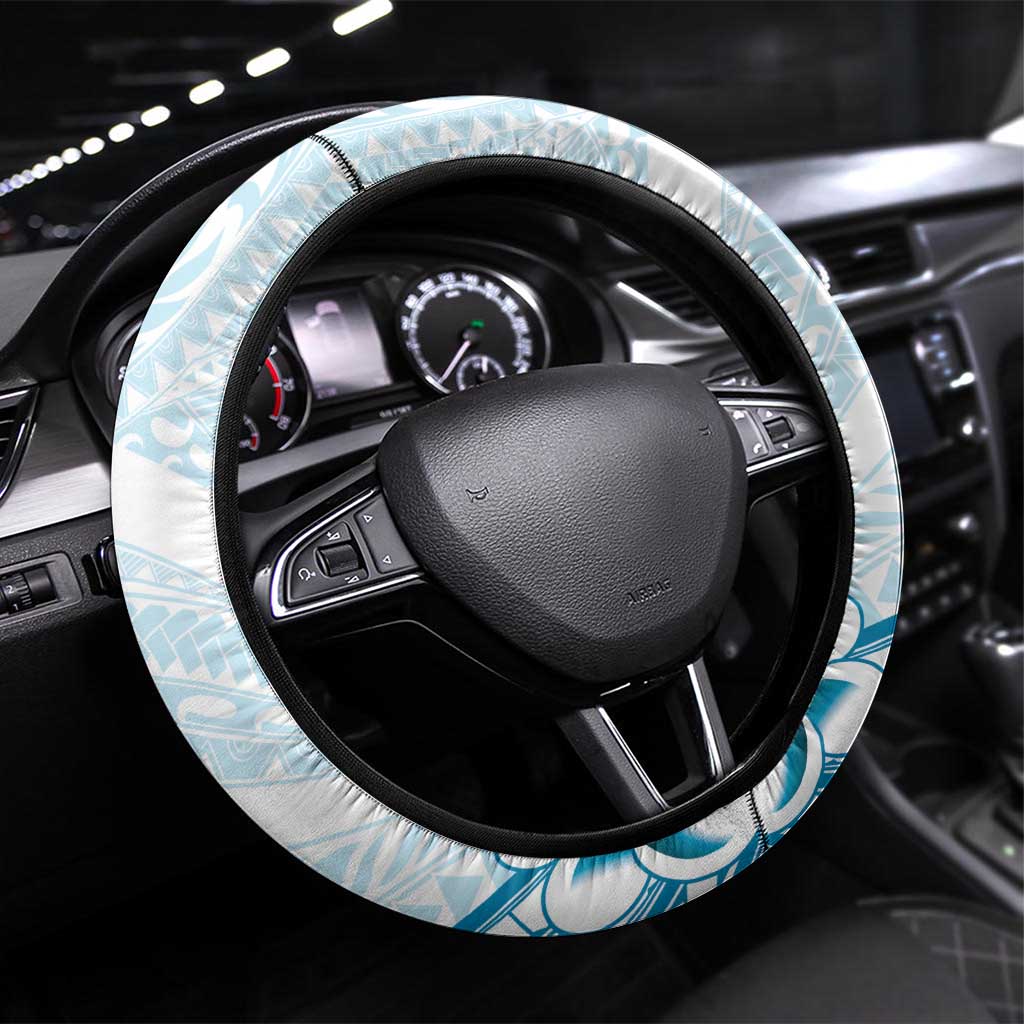 Cyan And White Hawaii Chameleon Steering Wheel Cover Plumeria Polynesian Tribal Art