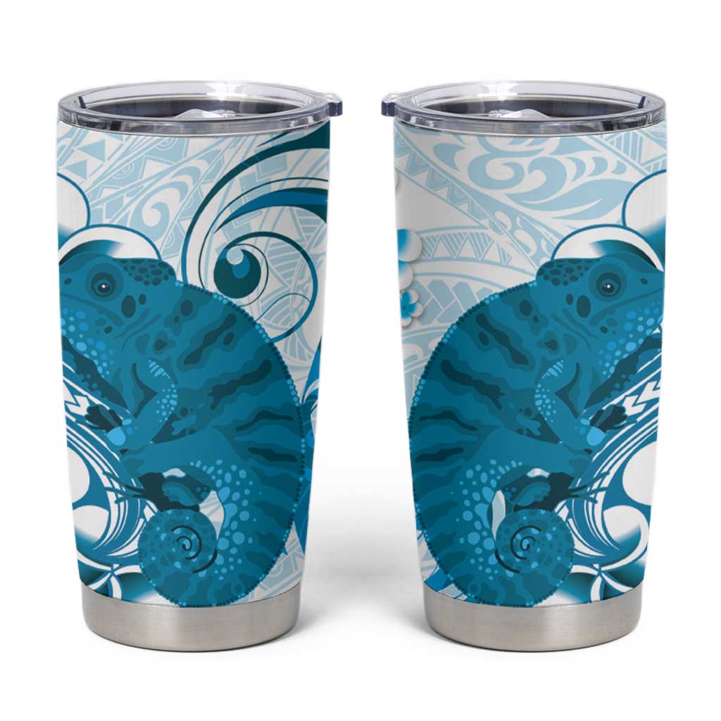 Cyan And White Hawaii Chameleon Tumbler Cup Plumeria Polynesian Tribal Art