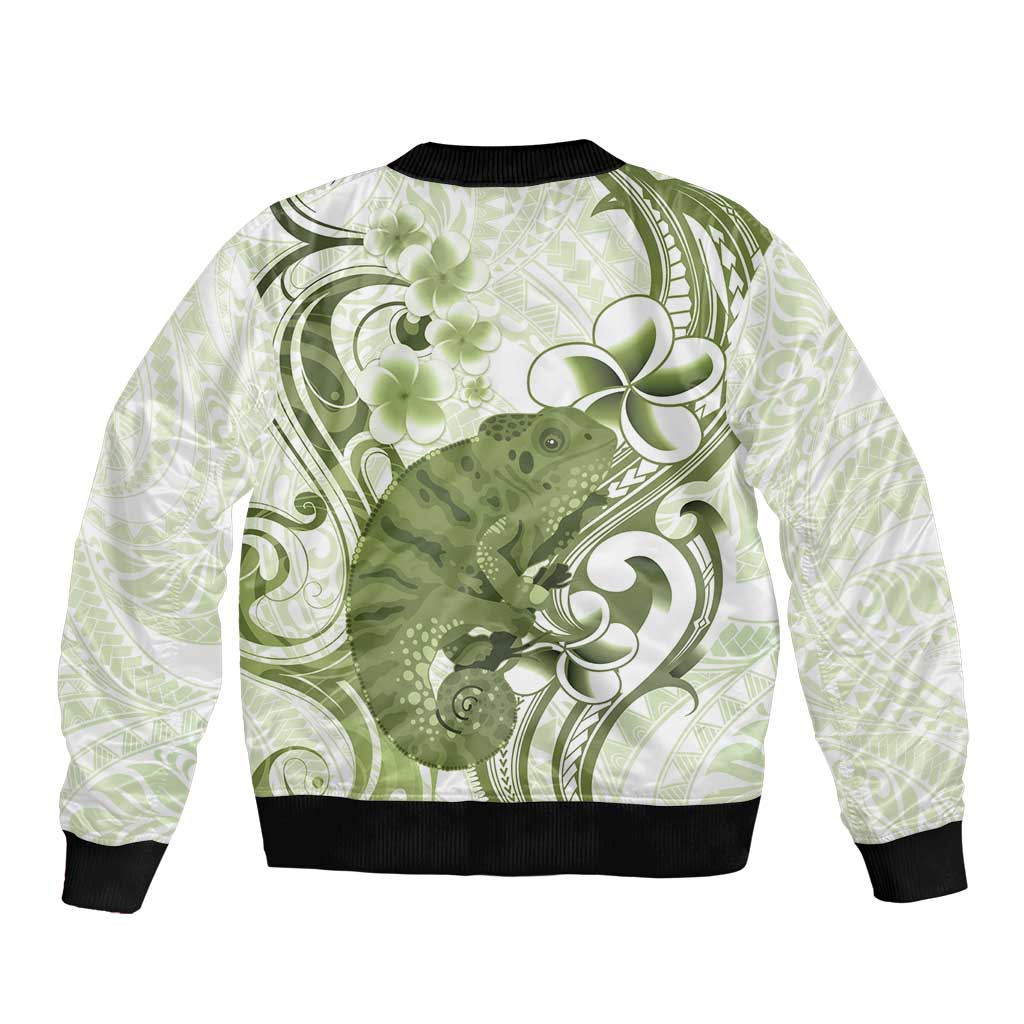 Green And White Hawaii Chameleon Bomber Jacket Plumeria Polynesian Tribal Art LT14 - Polynesian Pride