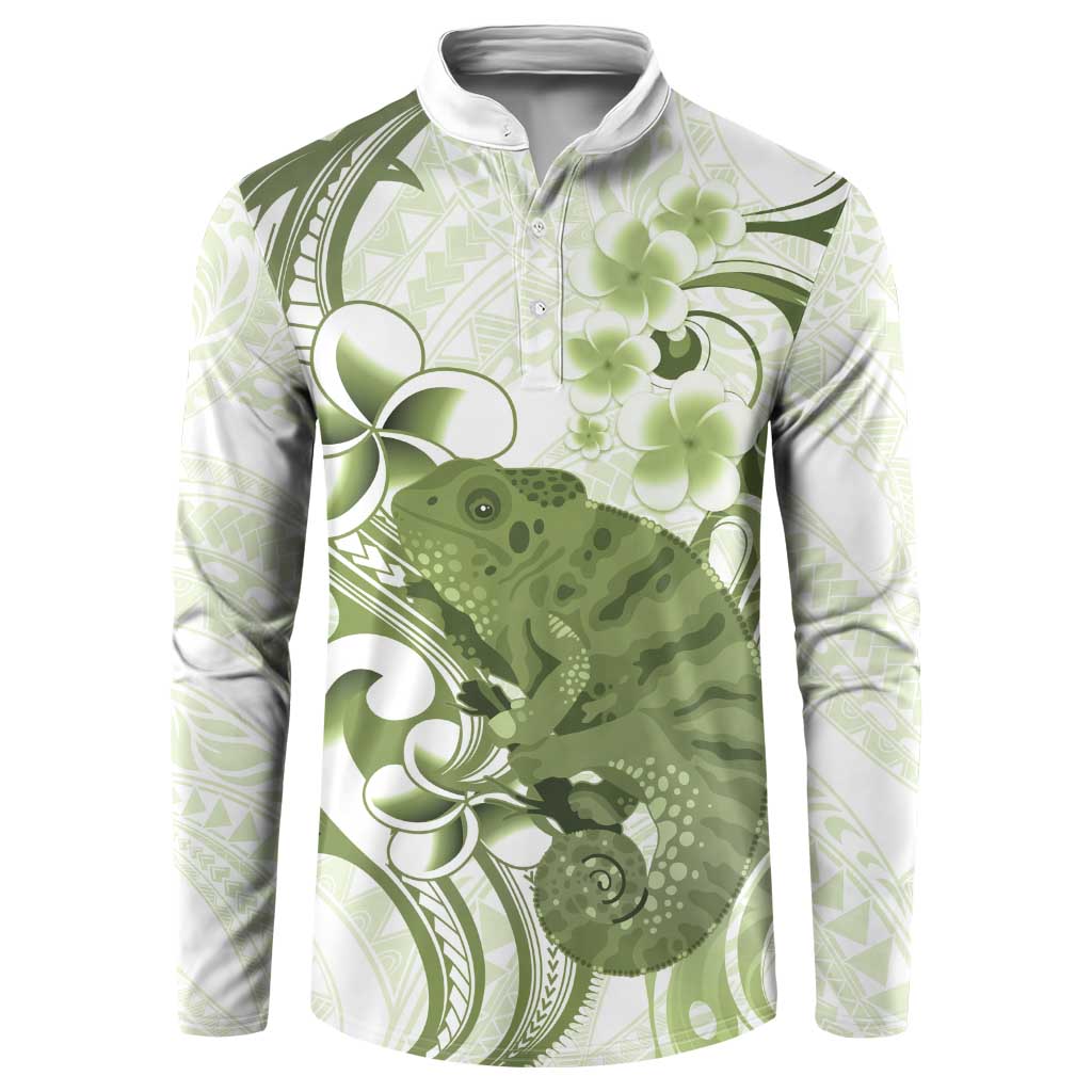 Green And White Hawaii Chameleon Button Sweatshirt Plumeria Polynesian Tribal Art