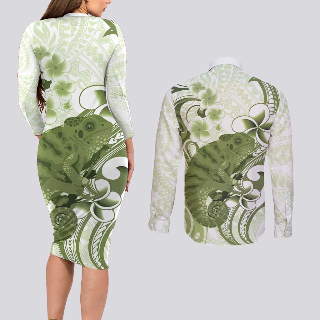 Green And White Hawaii Chameleon Couples Matching Long Sleeve Bodycon Dress and Long Sleeve Button Shirt Plumeria Polynesian Tribal Art LT14 - Polynesian Pride