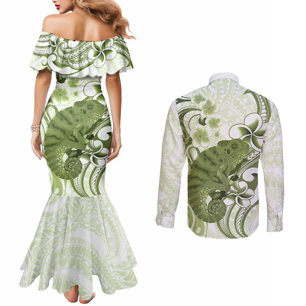 Green And White Hawaii Chameleon Couples Matching Mermaid Dress and Long Sleeve Button Shirt Plumeria Polynesian Tribal Art LT14 - Polynesian Pride